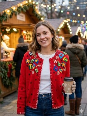 Festive Red Cardigan Sweater with Holiday Embellishments